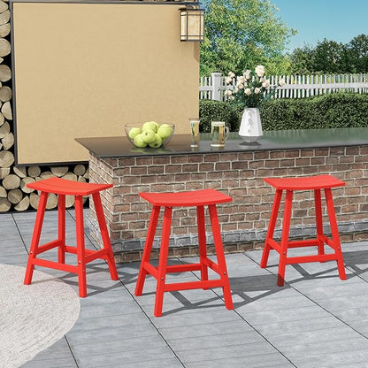 Costaelm All-Weather Bar Stools Set of 3, 24" Height Outdoor Bar Stools, Adirondack Poly Patio Bar Stool for Patio, Deck, Kitchen Counter and Garden, Red