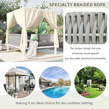 Merax Outdoor Patio Daybed with Soft Cushions and Curtains, Double Chaise Lounge Sunbed with Rubber Core Rope Backrest and Comfy Pillows for Outside Pool, Garden, Backyard, Lawn, Gray+Beige