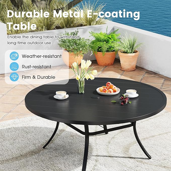 Patio Dining Table for 8-10, Round Metal Outdoor Table with 1.57" Umbrella Hole, 60" Outdoor Slat Tabletop Dining Table for Backyard, Porch, Lawn, Black