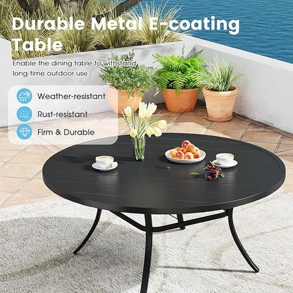Patio Dining Table for 8-10, Round Metal Outdoor Table with 1.57" Umbrella Hole, 60" Outdoor Slat Tabletop Dining Table for Backyard, Porch, Lawn, Black