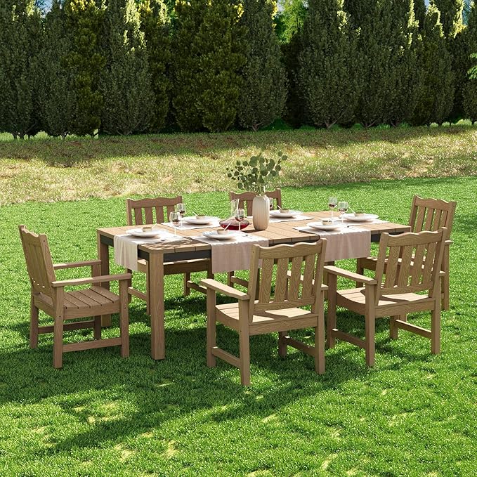 Stoog 7-Piece All-Weather Patio Dining Set, HIPS Dining Table with Cross-Braced Aluminum Frame & Umbrella Hole - Photo 7