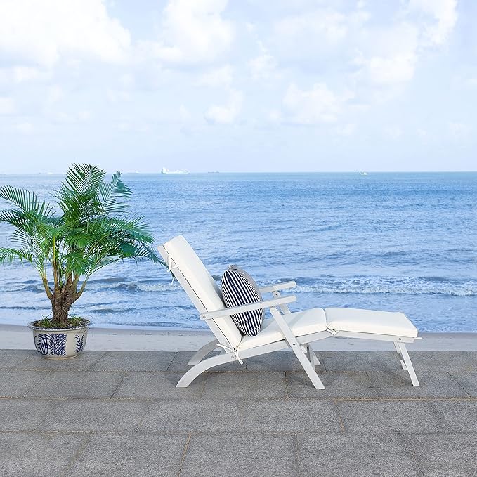 SAFAVIEH Outdoor Collection Palmdale Grey Solid Wood/Beige Cushion with Striped Pillow Chaise Lounge Chair (PAT7015F)