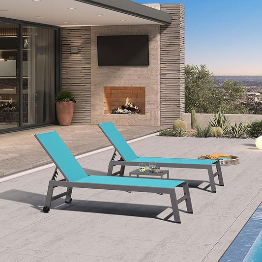 PURPLE LEAF Outdoor Lounge Chair Set for 2 Aluminum Patio Chaise Lounger with Wheels and Adjustable Backrest Pool Reclining Lounge Chairs for Beach Yard Poolside Table Included, Blue