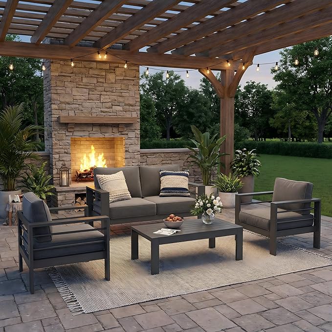 Solaste Aluminum Outdoor Patio Furniture Set, 4 Seats Patio Sectional Sofa with 5" Thick Cushion - Photo 9
