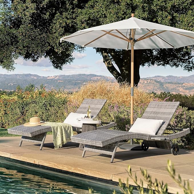 Patio Wicker Chaise Lounge Chairs Set of 2, Outdoor Reclining Lounge Chair w/Rolling Wheels, Pull-Out Side Table - Photo 3