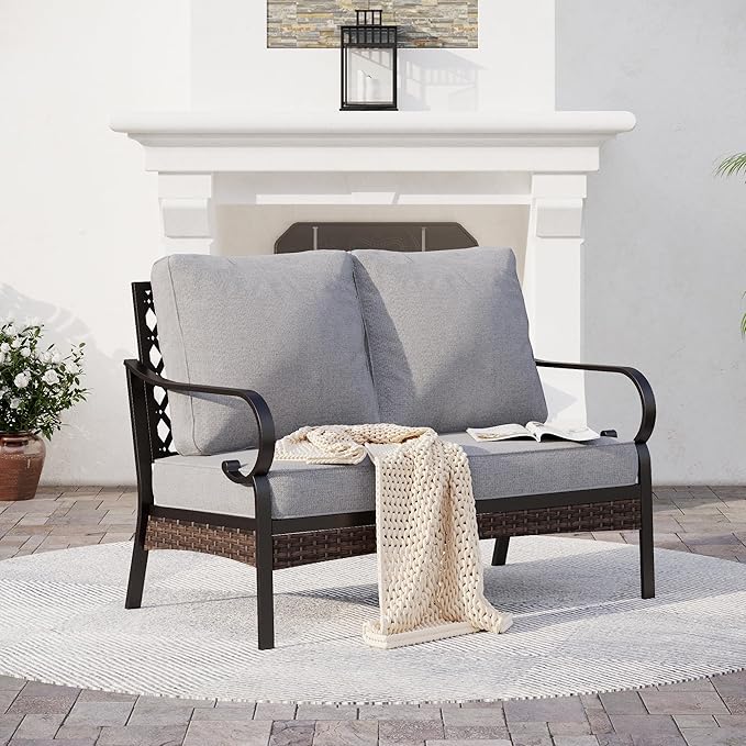 Metal Patio Furniture Loveseat with 5.75" Extra Thick Waterproof Cushion - Photo 1