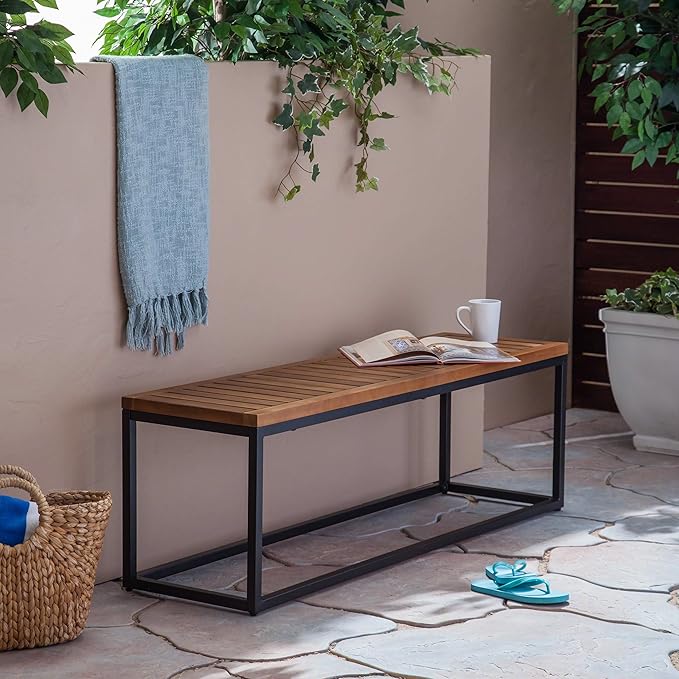Drew Outdoor Industrial Acacia Wood and Iron Bench, Teak and Black