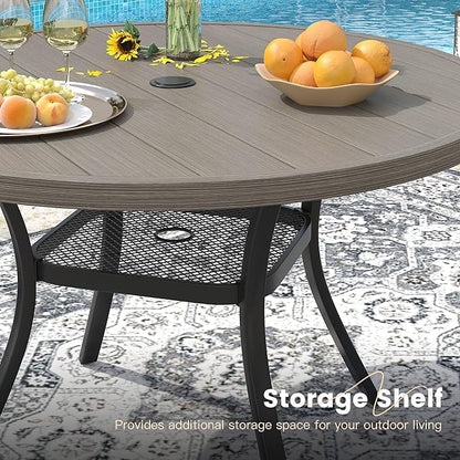 VICLLAX 40.6" Round Metal Outdoor Dining Table for 4, Patio Table with Umbrella Hole and Storage Shelf for Garden, Lawn, Deck, Grey