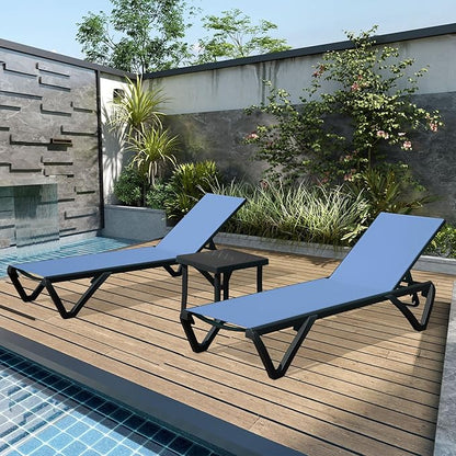 Outdoor Chaise Lounge 3 Pieces Aluminum Patio Lounge Chair with 5 Adjustable Position Recliner Chair Outside Tanning Chairs for Patio, Beach, Yard, Pool, Side Table Included (Navy Blue)