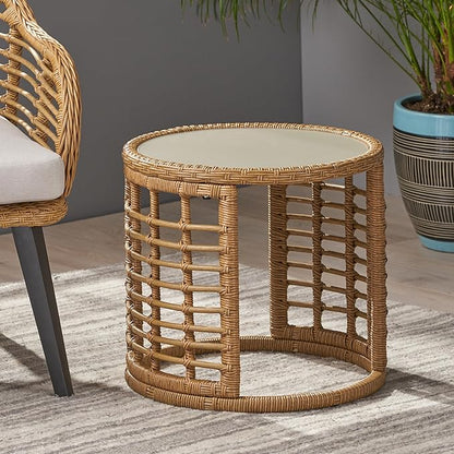 F-Light Rattan Side Tables, Outdoor Round Rattan Coffee Table with Tempered Glass Top for Porch Bistro Set, Brown