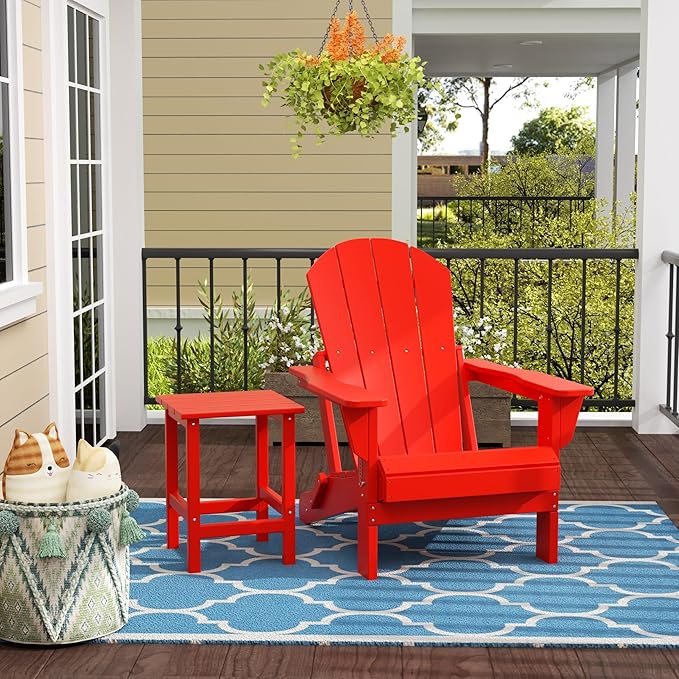 WestinTrends Malibu 2-Pieces Adirondack Chair Set with Side Table, All Weather Outdoor Seating Plastic Patio Lawn Chair Folding for Outside Porch Deck Backyard, Red