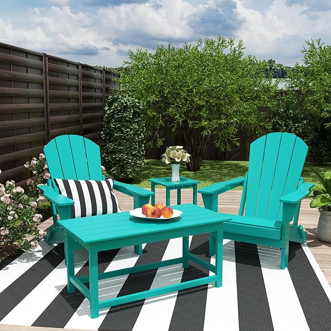 Costaelm 4-Piece Set Outdoor/Patio Poly Adirondack Chairs with a Coffee and a Side Table (2 Seater), Turquoise