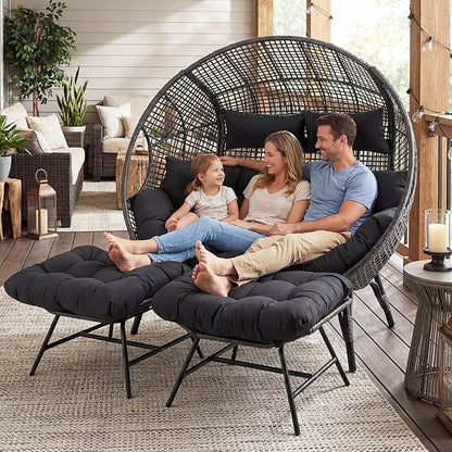 NICESOUL Indoor Outdoor Double Egg Chair with Footrest Padded Cushion, Oversized Wicker Twin Egg Shaped Chair Wide Seater with Ottoman, 2 People Loveseat Gray for Patio Porch Balcony