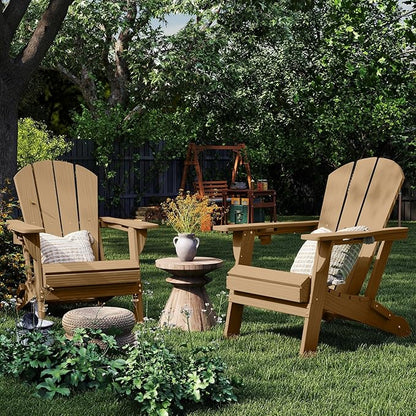 Foldable Adirondack Chair with Cup Holder-Heavy Duty Recycled HDPE Outdoor Patio Furniture, Weather Resistant Deck Lawn Fire Pit Chair (Brown, 1 Chair)