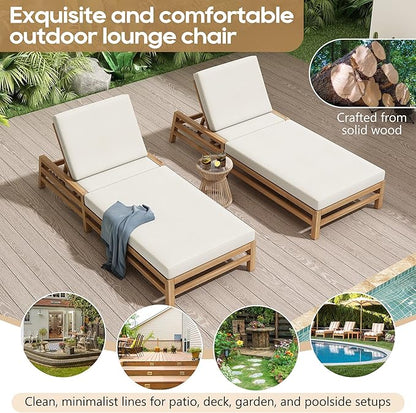 Leisure Zone 5-Position Adjustable Outdoor Chaise Lounge, Solid Acacia Wood Patio Recliner Chair with Beige Thick Weather-Resistant Cushions for Pool, Garden, Balcony (Light Teak)