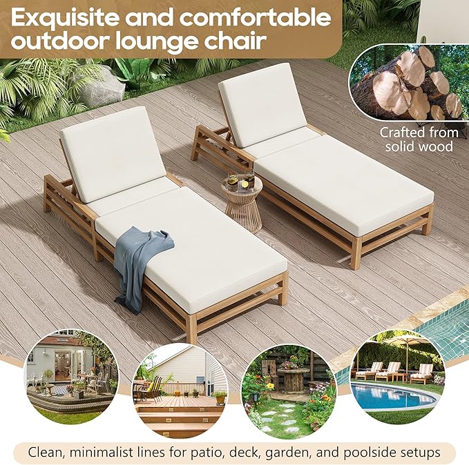 Leisure Zone 5-Position Adjustable Outdoor Chaise Lounge Set of 2, Solid Acacia Wood Patio Recliner Chairs with Beige Thick Weather-Resistant Cushions, for Pool, Balcony, Garden (Light Teak)
