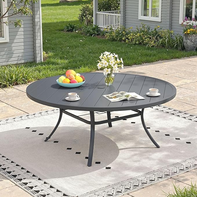 Outdoor Dining Table for 8, 63" Round Outdoor Table with Adjustable Umbrella Hole, All-Weather Metal Patio Dining Table for Lawn Garden Backyard Deck, Dark Grey