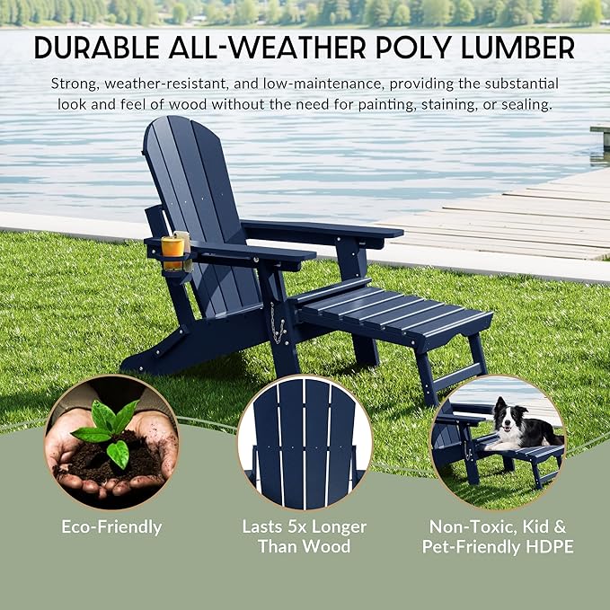 WestinTrends Malibu Folding Adjustable Adirondack Chair with Retractable Ottoman and Cup Holder (Set of 2), Navy Blue
