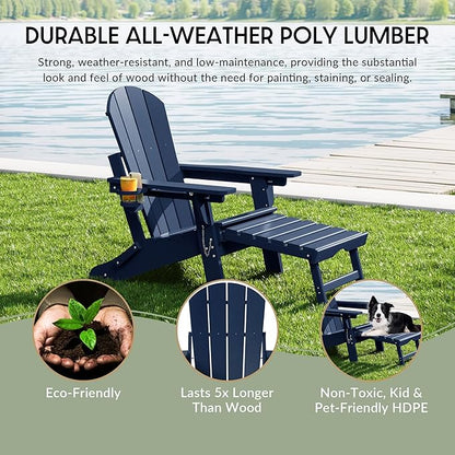 WestinTrends Malibu Folding Adjustable Adirondack Chair with Retractable Ottoman and Cup Holder (Set of 2), Navy Blue