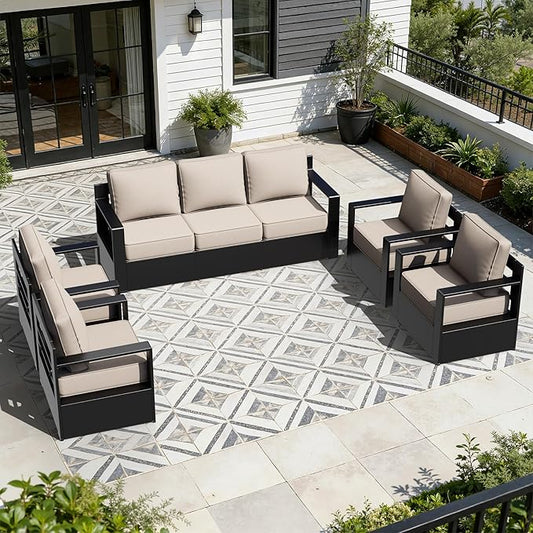 Outdoor Aluminum Furniture Set, 5-Piece Patio Conversation Set, 4 Chairs and 1 Sofa, All-Weather Metal Frame, 6" Thick Removable Cushions, Deep Setting for Garden, Poolside and Porch