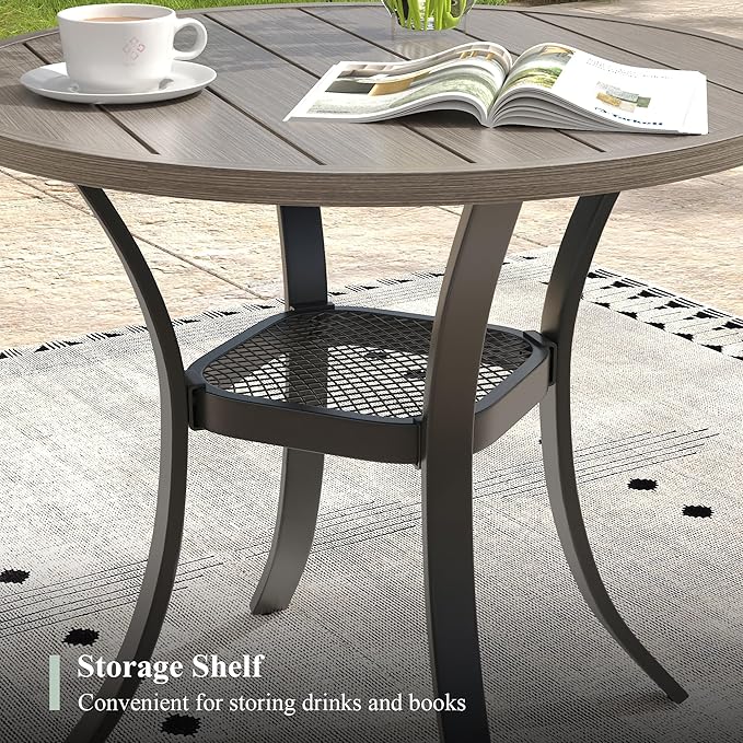 Outdoor Dining Table with Storage Shelf, 28" All-Weather Round Patio Dining Table for 2, Metal Patio Table for Garden Lawn Porch Deck Yard, Grey