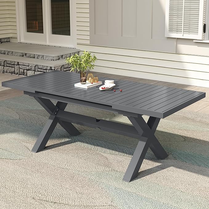 TWT Expandable Table Dining Set for 6 to 10, Aluminum Outdoor Dining Table, Rectangular Patio Metal Table with Umbrella Hole for Backyard Porch, Poolside ＆ Garden, Easy Assembly, Dark Grey