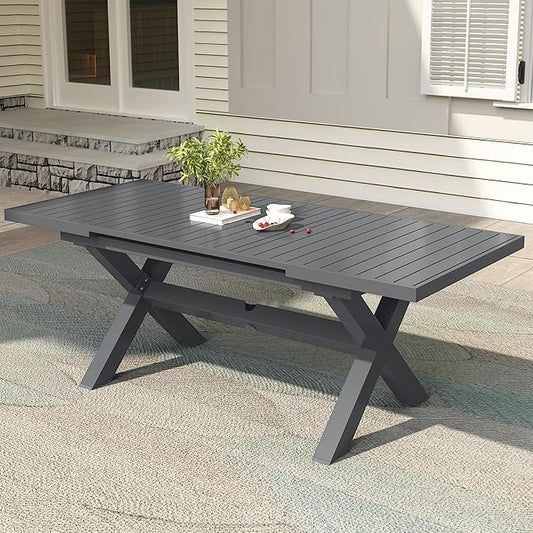TWT Expandable Table Dining Set for 6 to 10, Aluminum Outdoor Dining Table, Rectangular Patio Metal Table with Umbrella Hole for Backyard Porch, Poolside ＆ Garden, Easy Assembly, Dark Grey