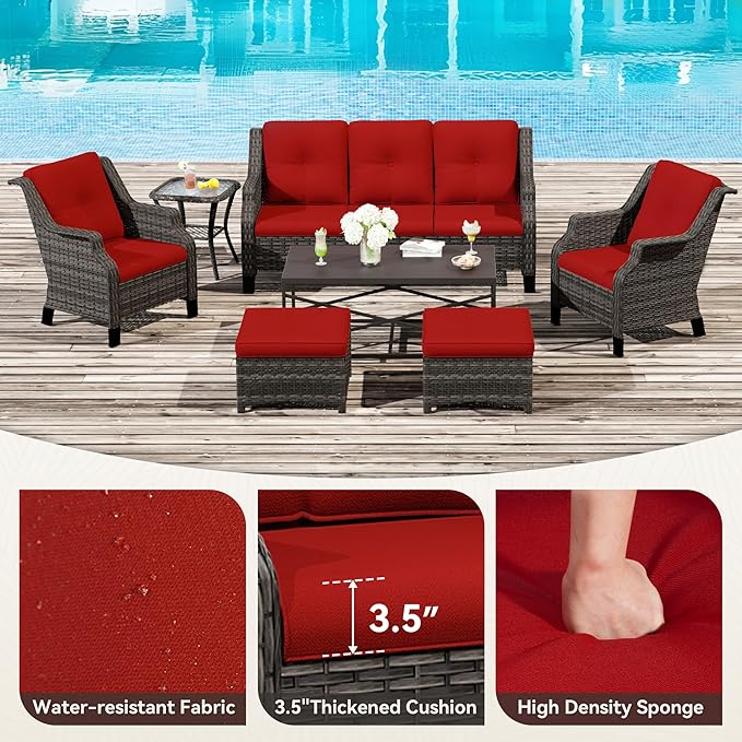 Wicker Patio Furniture Sets, 7 Pieces Outdoor Furniture with Patio Chairs, Outdoor 3-Seater Sofa, Ottoman, Coffee Table - Photo 3