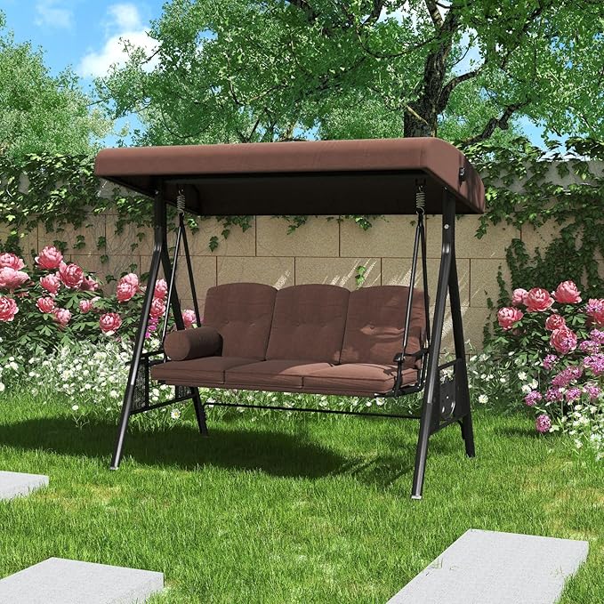 AECOJOY Outdoor Porch Swing, 3-Seat Porch Swing with Adjustable Canopy - Photo 7