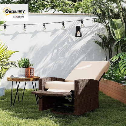 Outsunny Outdoor Wicker Swivel Recliner Chair, Reclining Backrest, Lifting Footrest, 360° Rotating Basic, Water-Resistant Cushions for Patio, Cream White