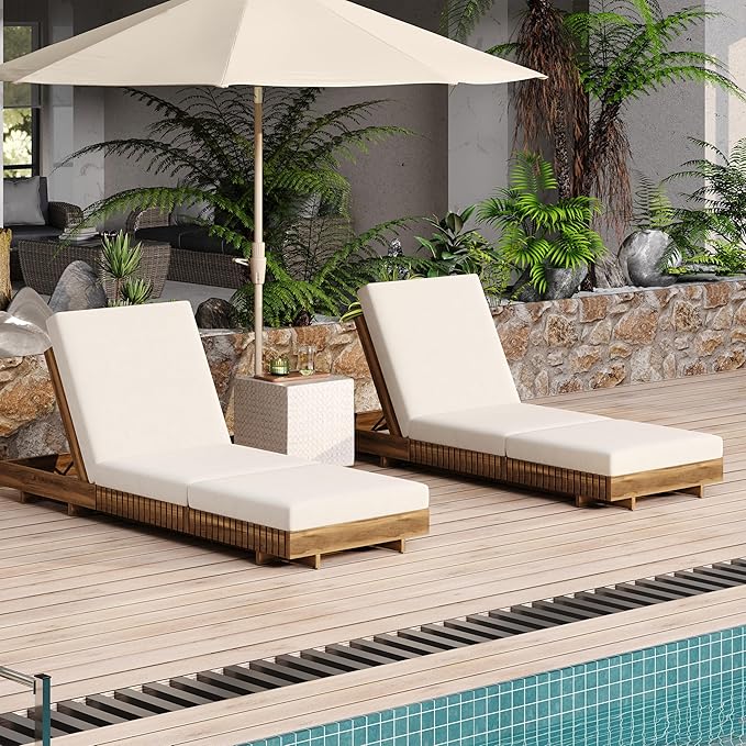 Merax 2-Piece Acacia Wood Chaise Lounge Set w/ 6-Position Adjustable Backrest & Cushion - Outdoor Patio Poolside Furniture, Beige