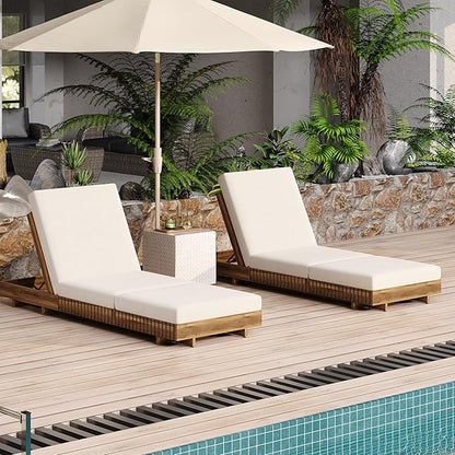 Merax 2-Piece Acacia Wood Chaise Lounge Set w/ 6-Position Adjustable Backrest & Cushion - Outdoor Patio Poolside Furniture, Beige