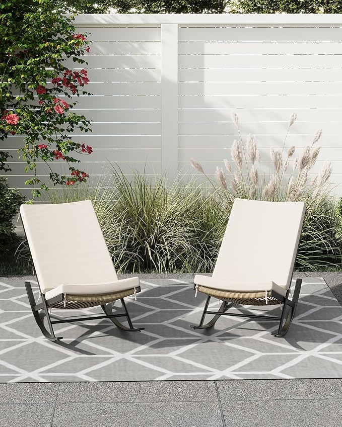 GarveeLife Outdoor Rocking Lounge Chair Set of 2, Patio Chaise Lounge with Removable Cushion for Napping Relaxing, Indoor Reclining Papasan Rocker Chair, Beige