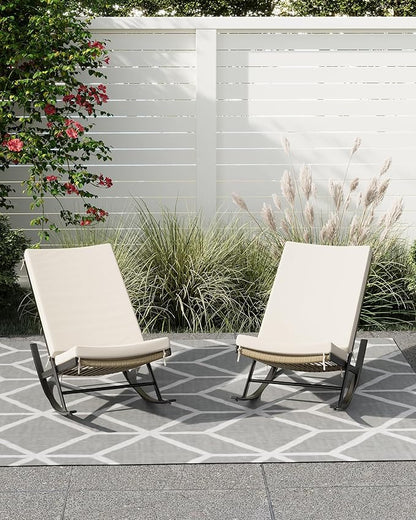 GarveeLife Outdoor Rocking Lounge Chair Set of 2, Patio Chaise Lounge with Removable Cushion for Napping Relaxing, Indoor Reclining Papasan Rocker Chair, Beige