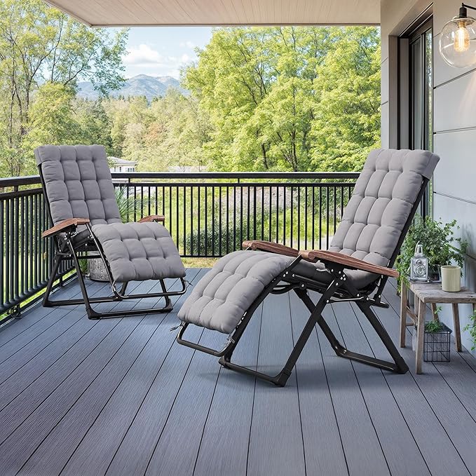 PURPLE LEAF Outdoor Reclining Chair Set of 2 Patio Zero Gravity Chaise Lounge Folding Chair with Removable Cushion Adjustable Headrest for Lawn Camping Beach Pool Grey