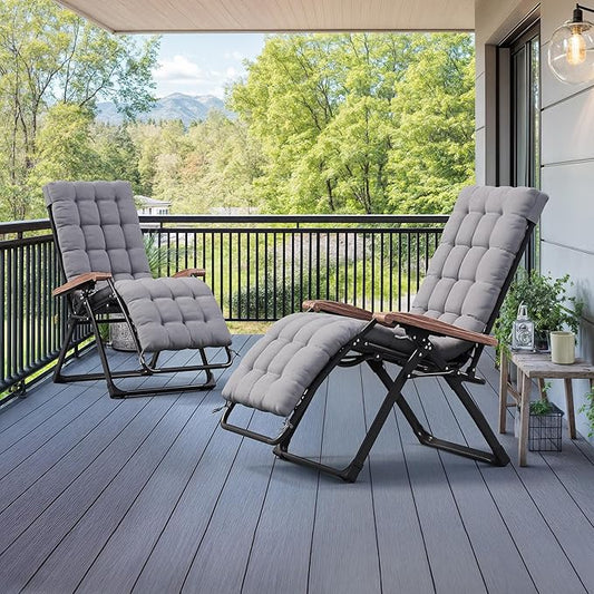 PURPLE LEAF Outdoor Reclining Chair Set of 2 Patio Zero Gravity Chaise Lounge Folding Chair with Removable Cushion Adjustable Headrest for Lawn Camping Beach Pool Grey