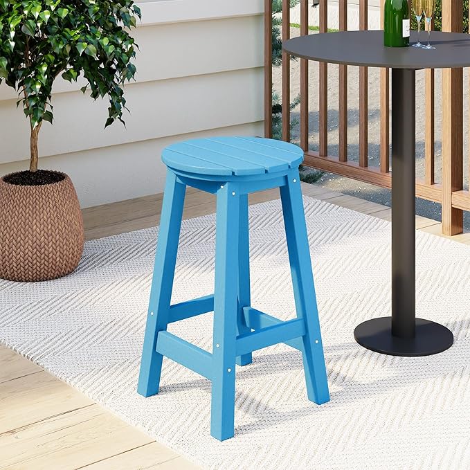 Costaelm 24" Height Outdoor Bar Stools, All-Weather Bar Stools, Adirondack Poly Patio Round Bar Stool for Patio, Deck, Kitchen Counter and Garden, Pacific Blue