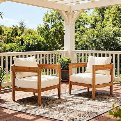 Merax Set of 2 Outdoor Acacia Wood Frame 2pcs Chairs with Cushions for Patio,Garden