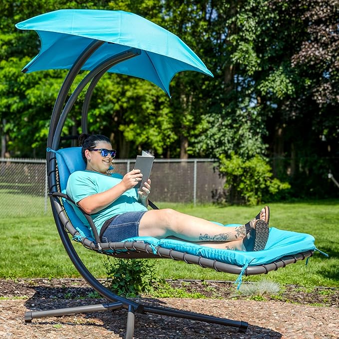 Sunnydaze Floating Chaise Lounger Swing Chair with Umbrella Canopy - Curved Steel Hammock Lounge Chair with Cushion and Pillow - Removable Cushion and Umbrella Shade - 82-Inch Tall - Teal