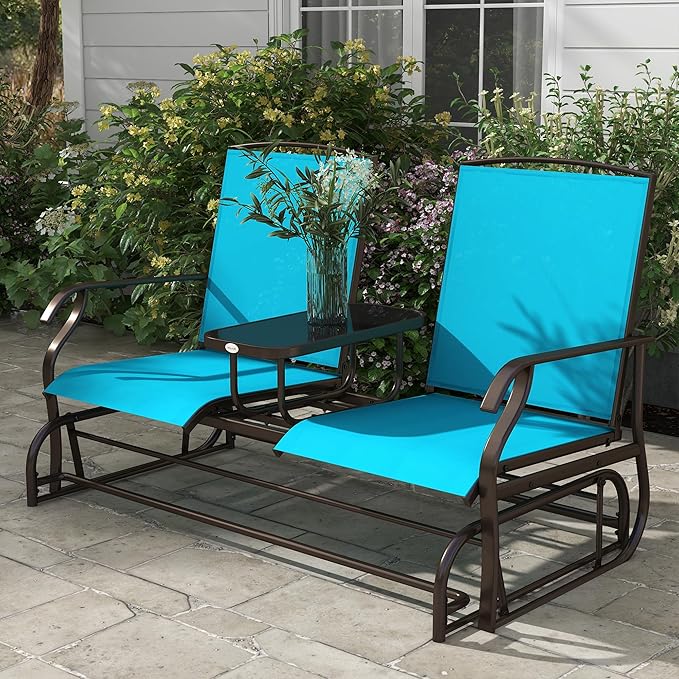 GOWE Outdoor Glider Bench with Center Table, Metal Frame Patio Loveseat with Breathable Mesh Fabric and Armrests for Backyard Garden Porch, Blue
