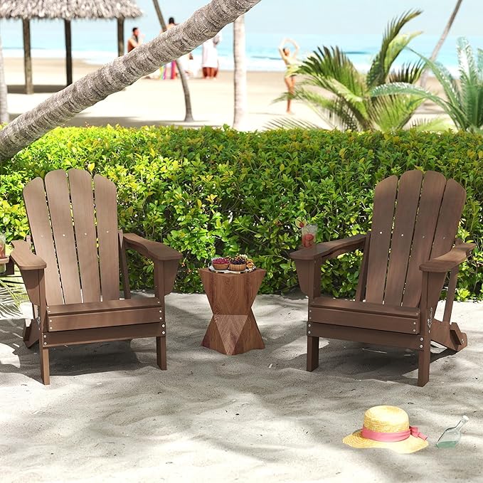 Domi Folding Adirondack Chairs Set of 2, HDPE All-Weather Outdoor Chairs with Cup Holder, Wooden Textured Fire Pit Chairs for Backyard, Patio, Poolside & Deck, Khaki