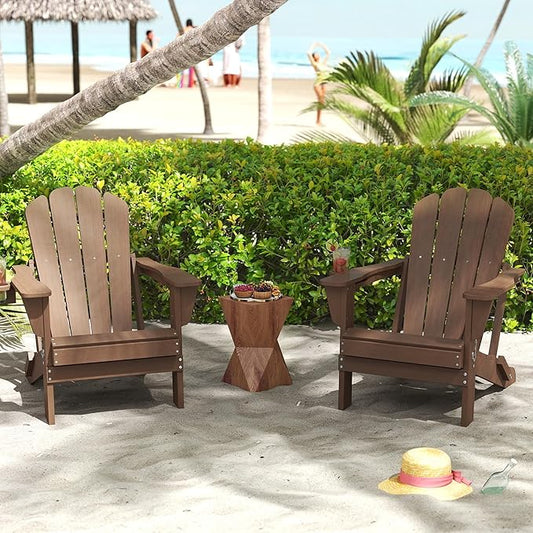 Domi Folding Adirondack Chairs Set of 2, HDPE All-Weather Outdoor Chairs with Cup Holder, Wooden Textured Fire Pit Chairs for Backyard, Patio, Poolside & Deck, Khaki