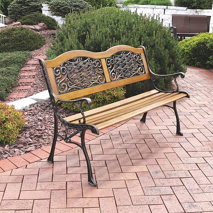 Sunnydaze 49-Inch Cast Iron and Wood 2-Person Garden Bench with Ivy Crossweave Design - 485-Pound Weight Capacity