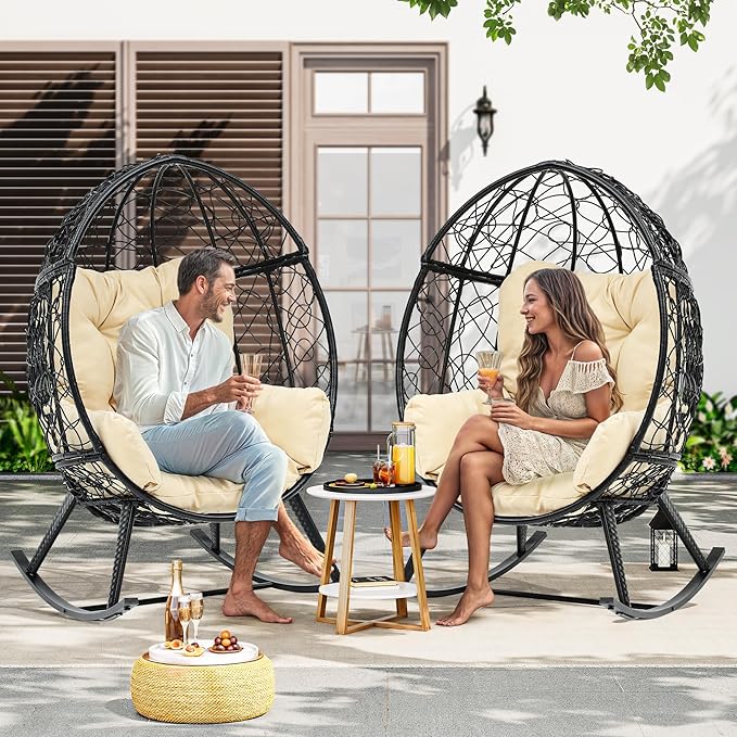 YITAHOME Outdoor Rocking Egg Chair with Cushioned Comfort, Wicker Patio Rocker 250lb Capacity, Anti-Slip, All-Weather Resilient Rattan Design for Indoor & Outdoor Relaxation Spaces, Beige