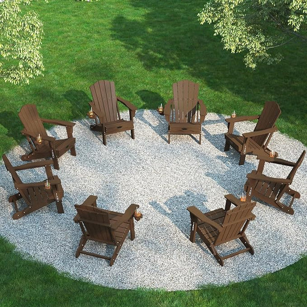 Folding Adirondack Chair Set of 8, HDPE All-Weather Outdoor Chair with Cup Holder, Wooden Textured, Fire Pit Chair - Photo 1