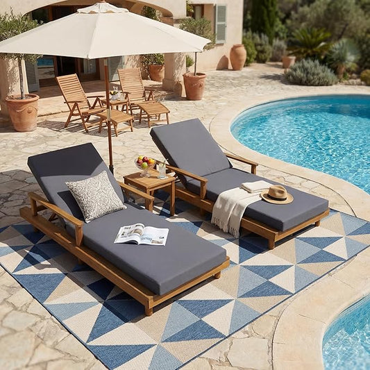 Merax Acacia Wood Outdoor Chaise Lounge Chair Set of 2, 3-Position Adjustable Backrest & 4" Thick 3-Fold Removable Cushion, 76.8" L Modern Patio Sun Lounger for Garden Pool Beach Yard, Dark-Grey+Teak