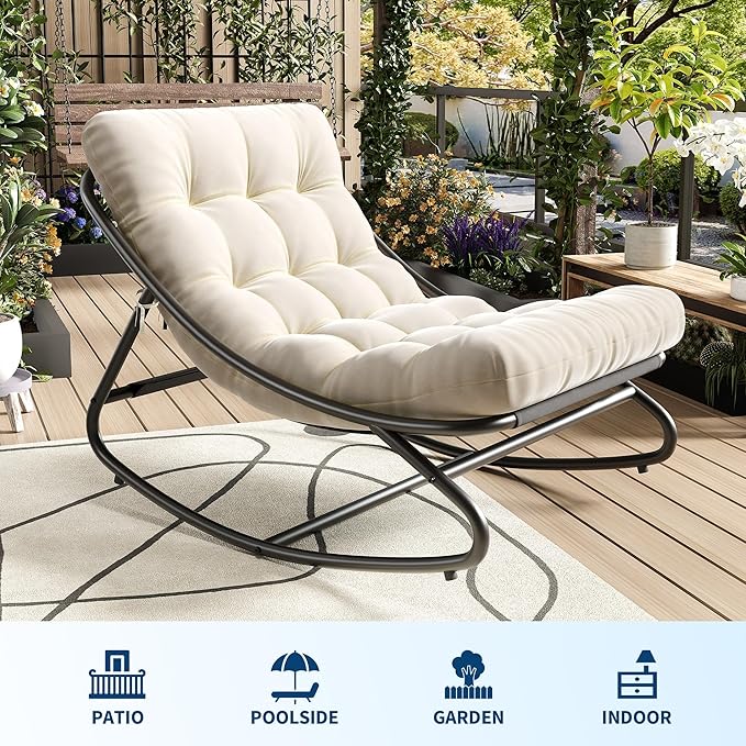 PeakPursuit Indoor Outdoor Papasan Rocking Chair with Cushion, Oversized Outdoor Rocking Chair, All Weather Rocking Papasan Chair for Bedroom/Living Room/Porch/Garden/Patio