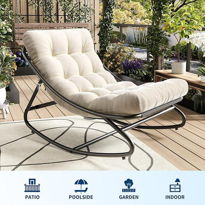 PeakPursuit Indoor Outdoor Papasan Rocking Chair with Cushion, Oversized Outdoor Rocking Chair, All Weather Rocking Papasan Chair for Bedroom/Living Room/Porch/Garden/Patio