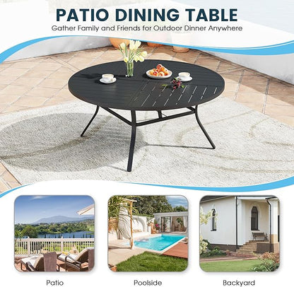 Patio Dining Table for 8-10, Round Metal Outdoor Table with Storage Shelf, 1.57" Umbrella Hole, 60" Outdoor Quartered Tabletop Dining Table for Backyard, Porch, Lawn, Black