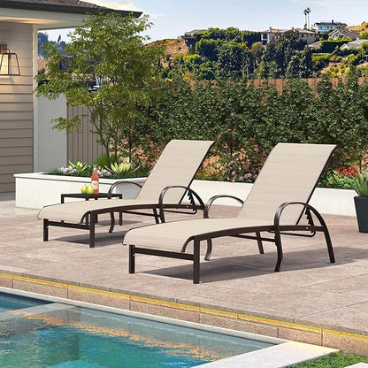 PURPLE LEAF Outdoor Chaise Lounge Chair Set of 3 Patio Pool Lounger Aluminum Chairs with Side Table Adjustable Tanning Recliner for Outside Yard Deck Lawn Garden Beach Light Khaki
